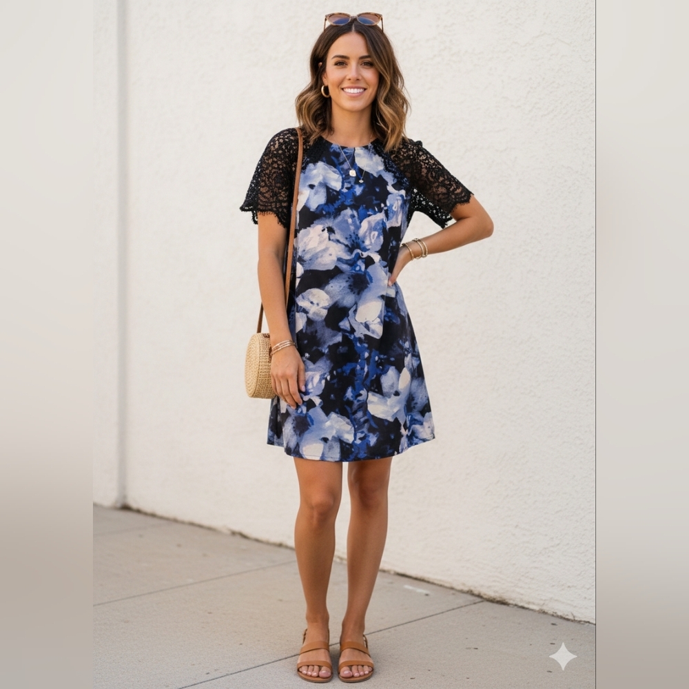 LUCKY BRAND - Floral Blue and Black Lace Dress